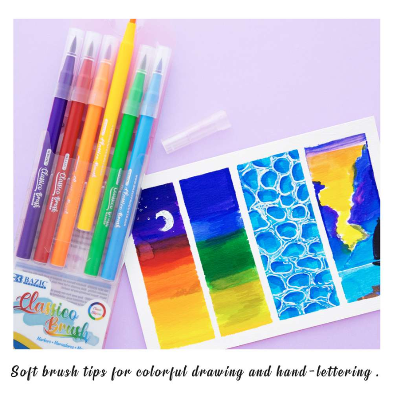 BAZIC Fine Tip Washable Brush Markers (6/Pack) - Classic