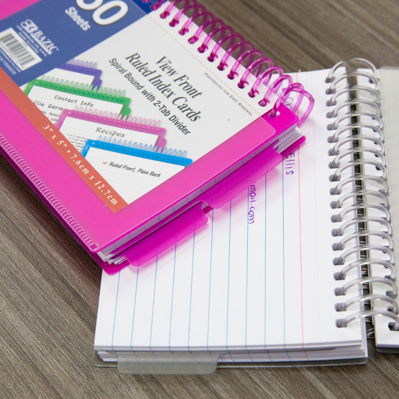 BAZIC 3" x 5" View Poly Spiral Bound Ruled White Index Card w/ 2-Tab Divider (50 Sheets)
