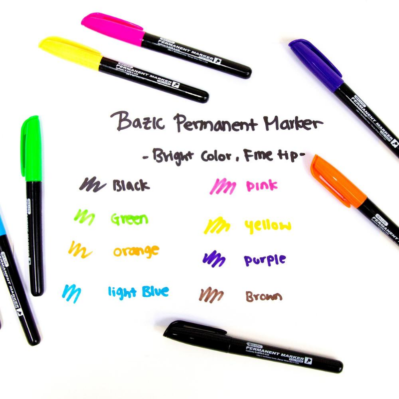 BAZIC Bright Colours Fine Tip Permanent Markers w/ Pocket Clip (8/Pack)