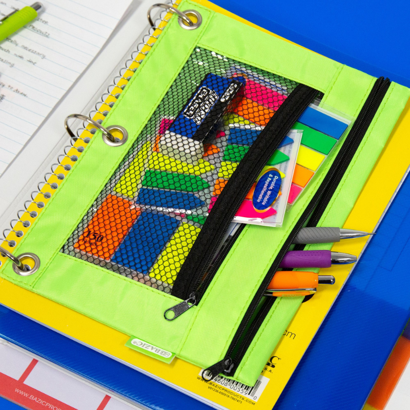 BAZIC Double Zipper 3-Ring Pencil Pouch w/ Mesh Window