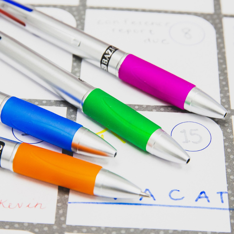 BAZIC Lynx Silver Top 4-Colour Pen w/ Cushion Grip (2/Pack)