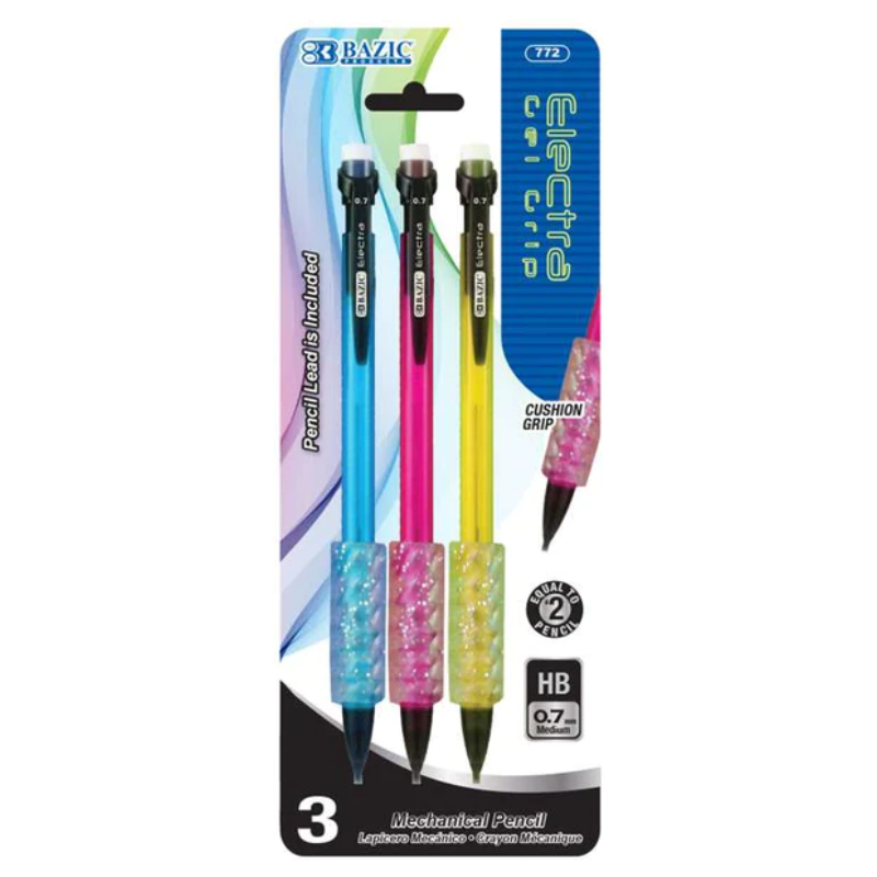 BAZIC Electra Fashion Colour 0.7mm Mechanical Pencil with Gel Grip (3/Pack)