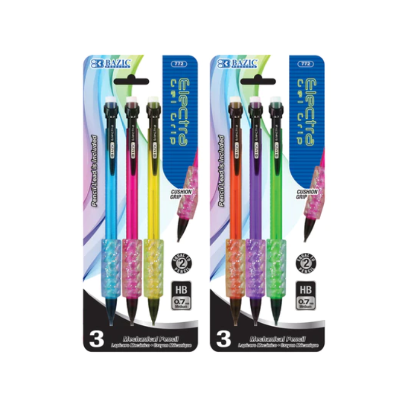 BAZIC Electra Fashion Colour 0.7mm Mechanical Pencil with Gel Grip (3/Pack)