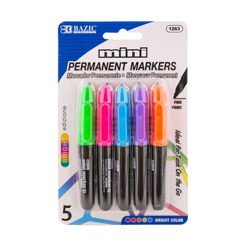 BAZIC Fancy Colours Mini Fine Point Permanent Marker w/ Cap Clip (5/Pack)