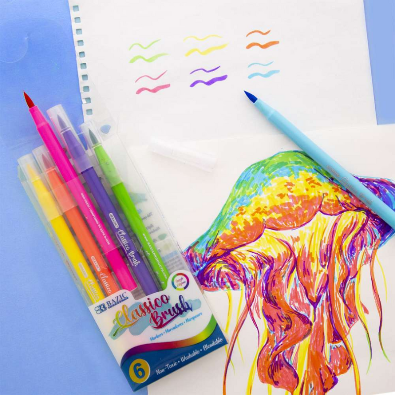BAZIC Fine Tip Washable Brush Markers (6/Pack) - Fluorescent
