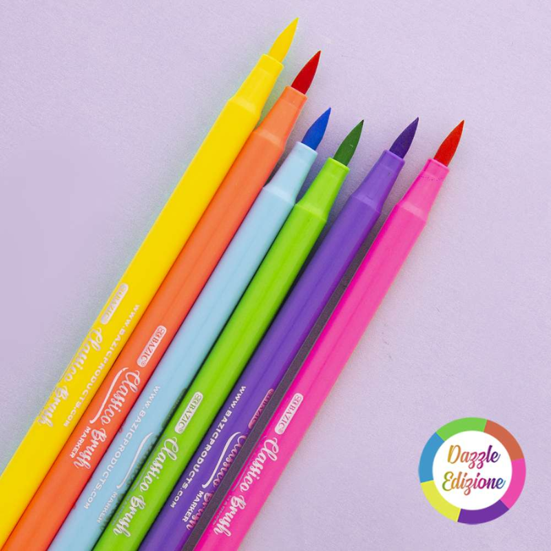 BAZIC Fine Tip Washable Brush Markers (6/Pack) - Fluorescent
