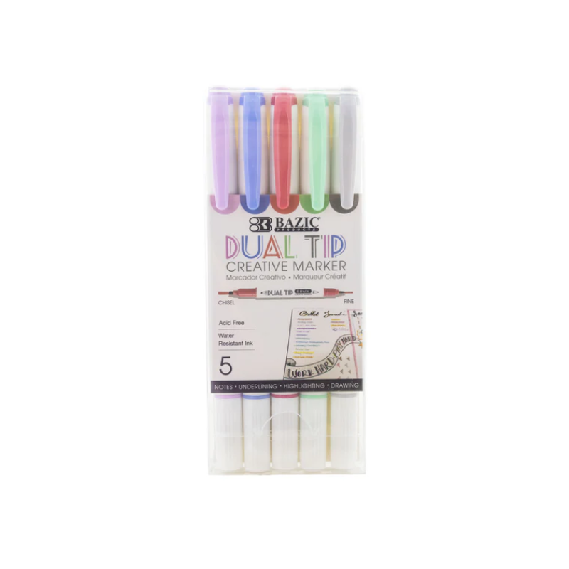 BAZIC Dual Tip Creative Markers (5/Pack)