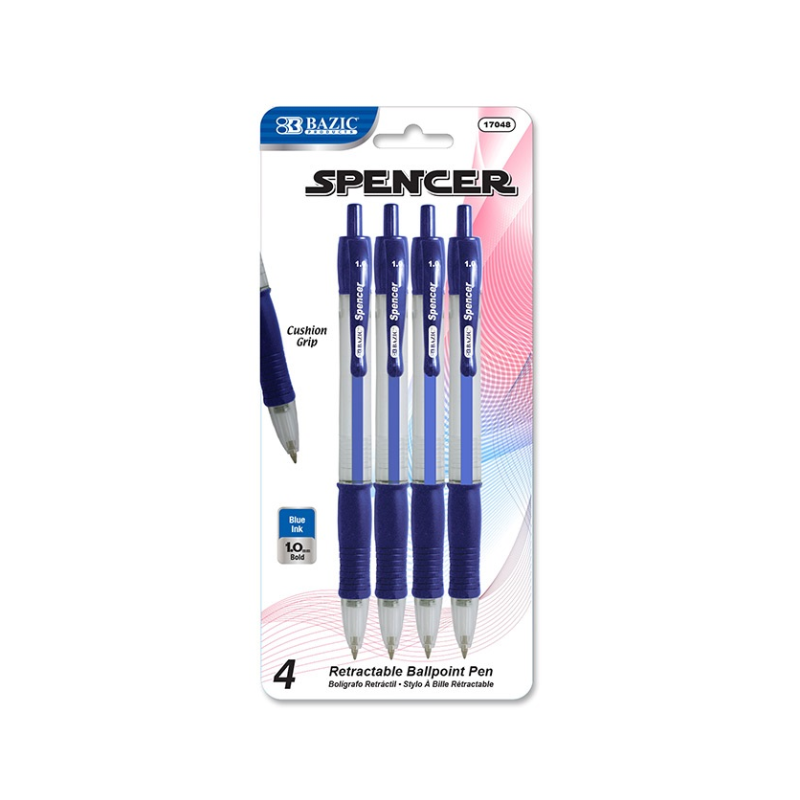 BAZIC Spencer Blue Retractable Pen with Cushion Grip (4/Pack)