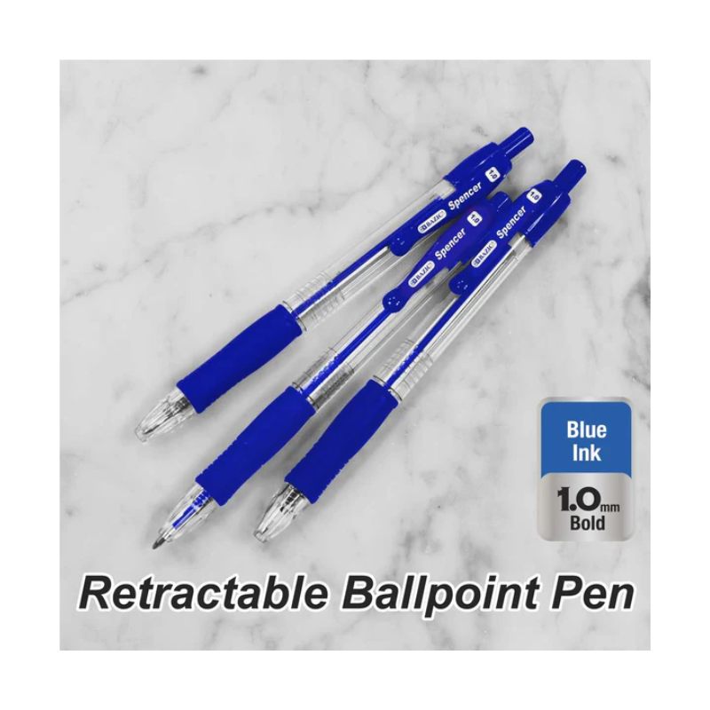 BAZIC Spencer Blue Retractable Pen with Cushion Grip (4/Pack)