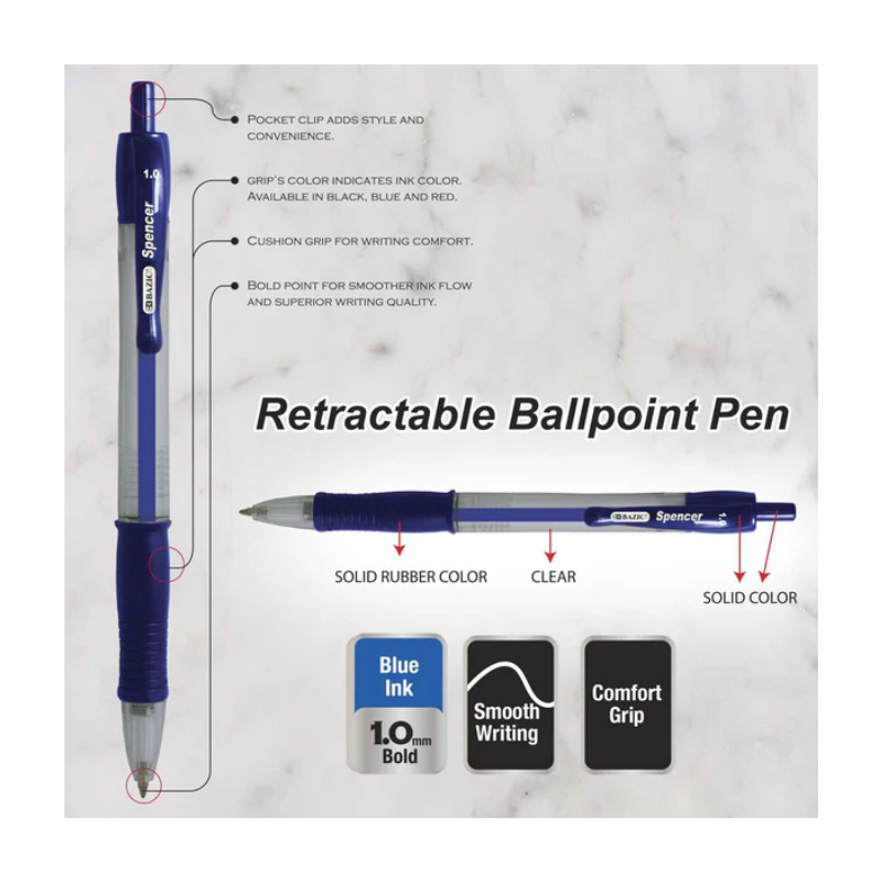 BAZIC Spencer Blue Retractable Pen with Cushion Grip (4/Pack)