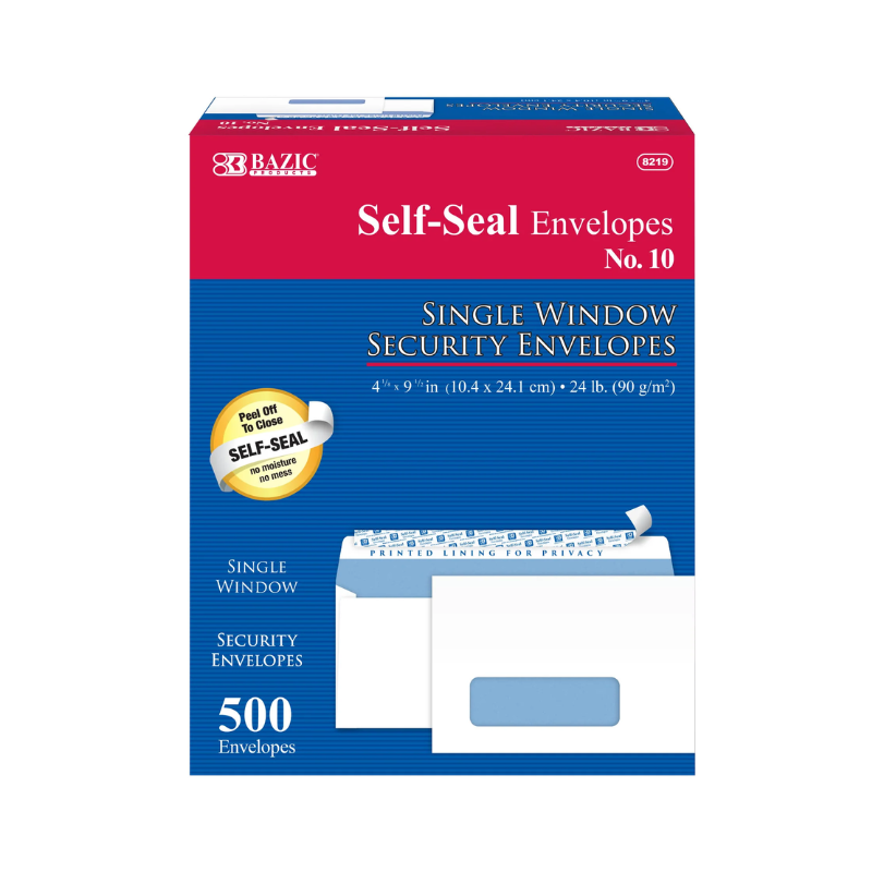 BAZIC #10 Self-Seal Security Window Envelopes (500/Pack)