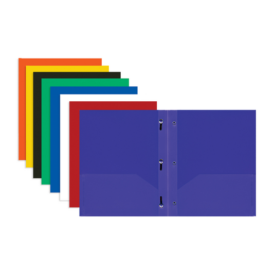 BAZIC 2-Pocket Poly Portfolio w/ 3-Prong Fastener – Solid Colours