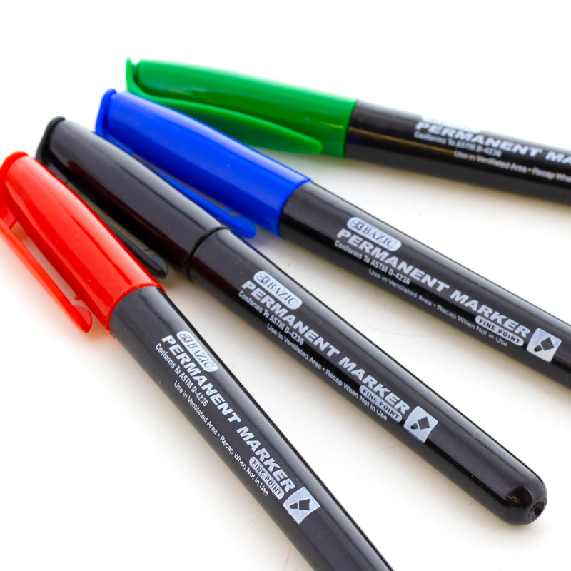 BAZIC Assorted Colour Fine Tip Permanent Markers w/ Pocket Clip (8/Pack)