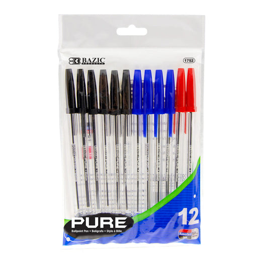 BAZIC Pure Assorted Colour Stick Pen (12/Pack)