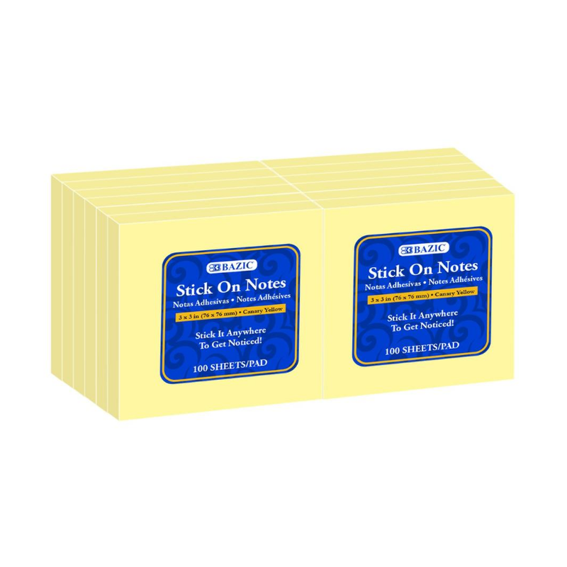 BAZIC 100 Sheets 3" X 3" Yellow Stick On Notes (12/Pack)