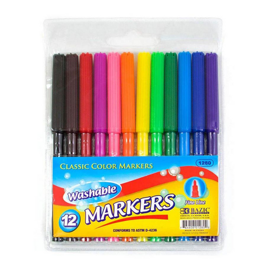 BAZIC Classic Fine Line Washable Markers (12/Pack)
