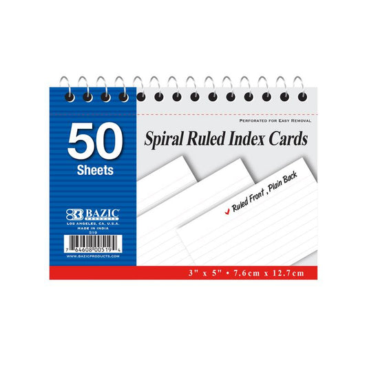 BAZIC 3" x 5" Spiral Bound Ruled White Index Card (50 Sheets)