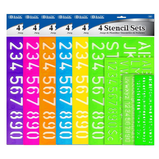 BAZIC 8, 10, 20, 30mm Size Lettering Stencil Sets (4/Pack)