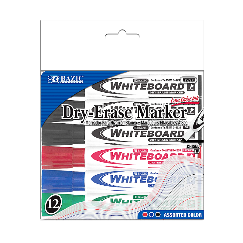 BAZIC Assorted Colour Chisel Tip Dry-Erase Markers (12/Pack)