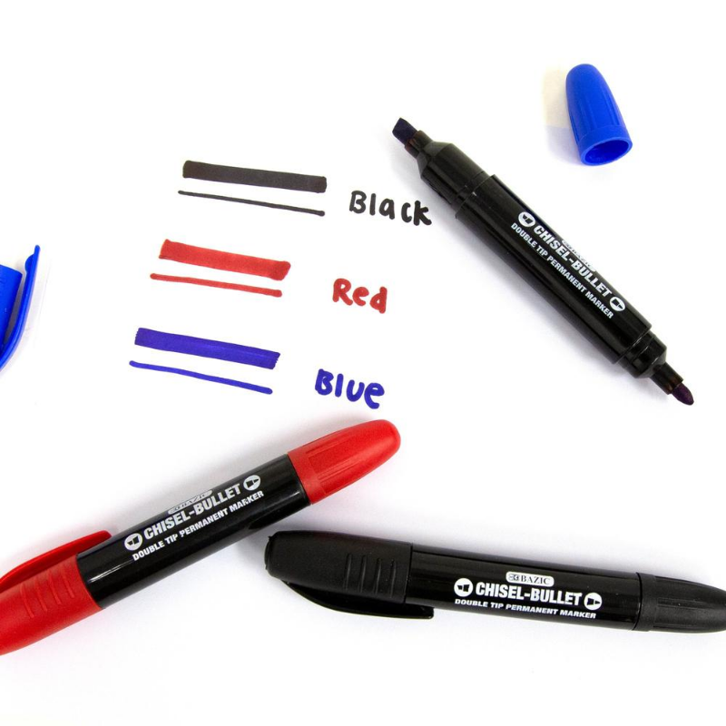 BAZIC Assorted Colour Double-Tip Permanent Marker (3/Pack)