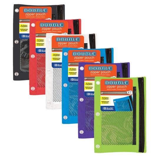 BAZIC Double Zipper 3-Ring Pencil Pouch w/ Mesh Window