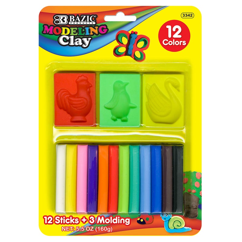 BAZIC 160g Modeling Clay Sticks w/ 3 Molding Tray (12 Colours/Pack)