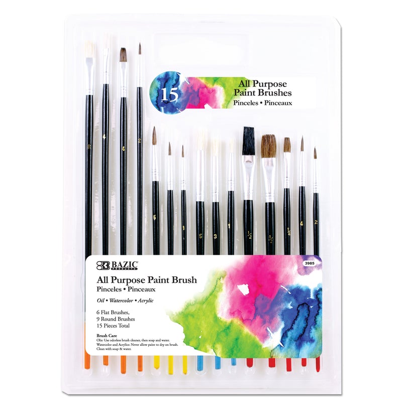 BAZIC All Purpose Paint Brush Set (15/Pack)