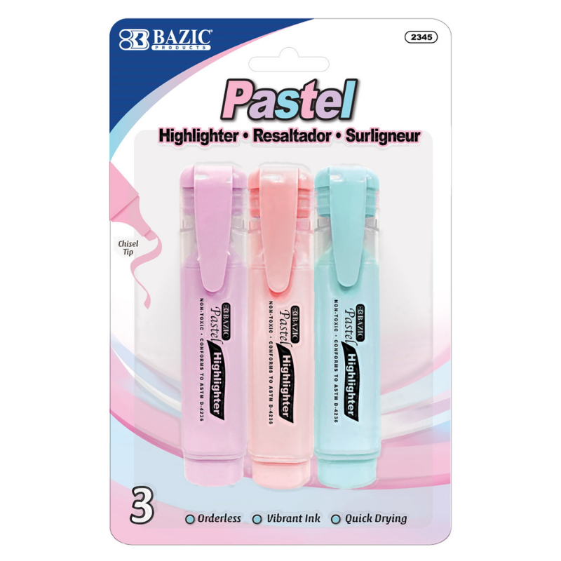 BAZIC Pastel Highlighters w/ Pocket Clip (3/Pack)