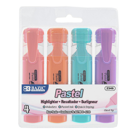 BAZIC Pastel Highlighters w/ Pocket Clip (4/Pack)