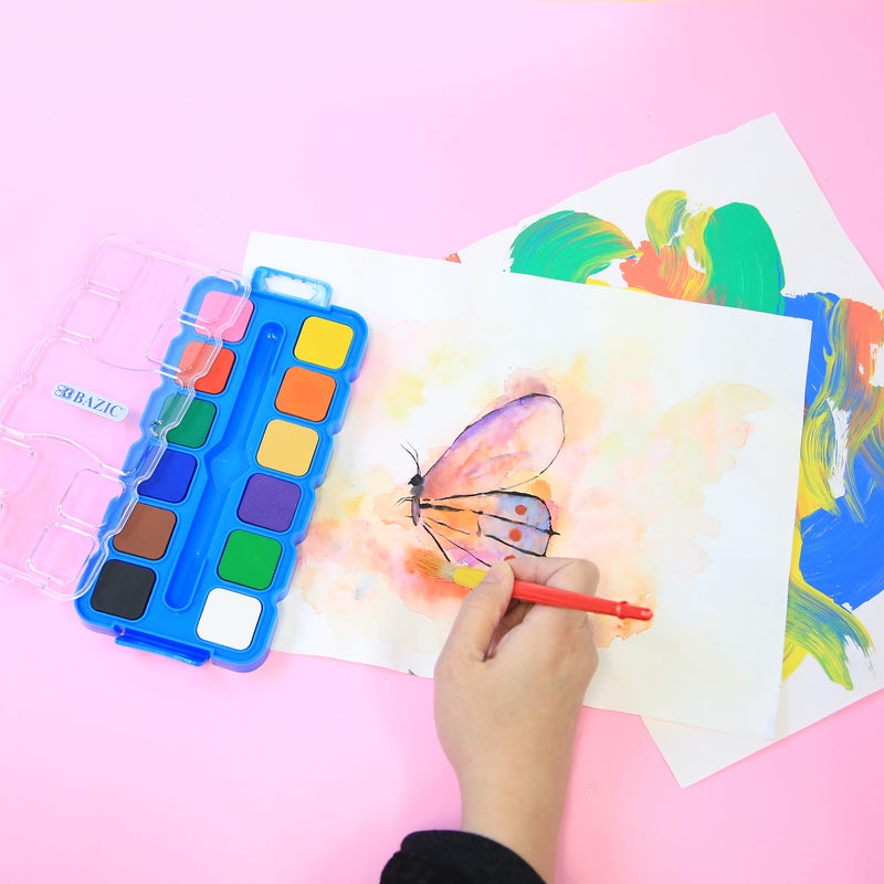 BAZIC 12 Colour Watercolour Paint w/ Brush & Mixing Palette