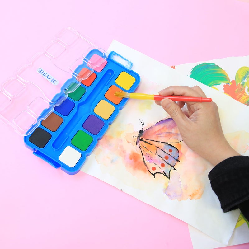 BAZIC 12 Colour Watercolour Paint w/ Brush & Mixing Palette