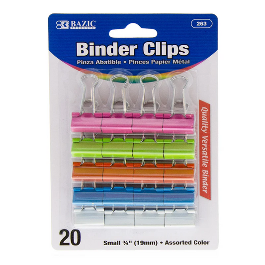 BAZIC Small 3/4" (19mm) Assorted Colour Binder Clip (20/Pack)