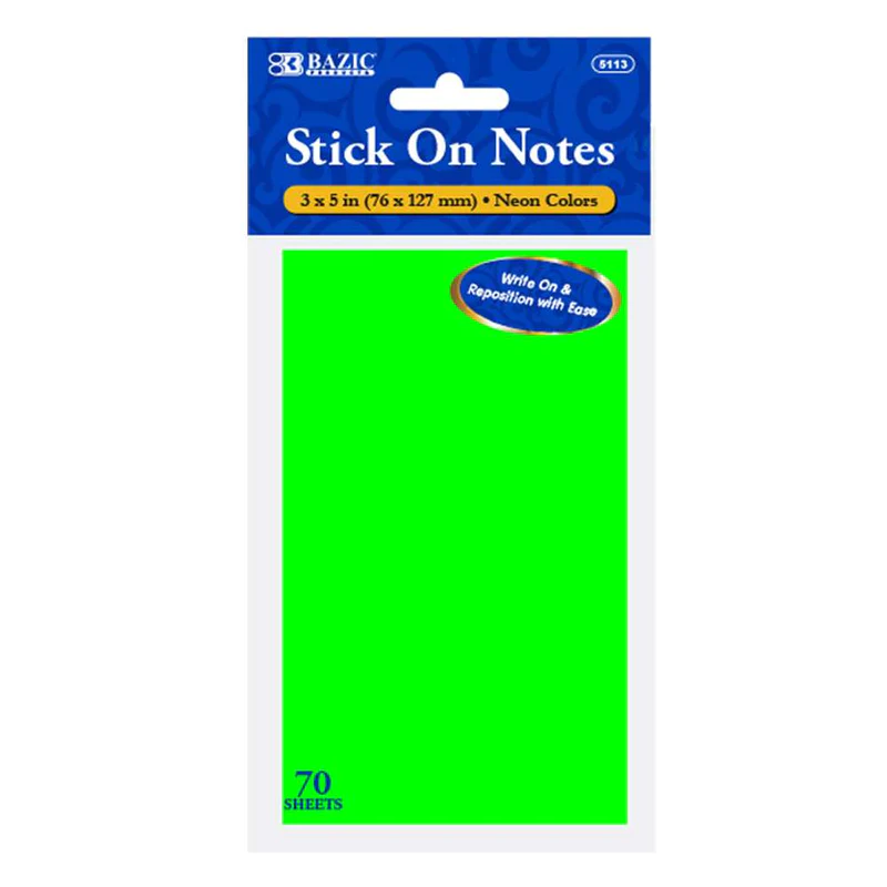 BAZIC 70 Sheets 3" x 5" Neon Stick On Notes