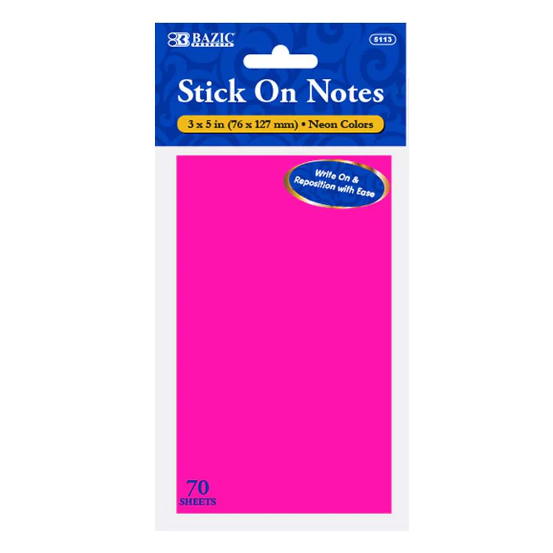 BAZIC 70 Sheets 3" x 5" Neon Stick On Notes