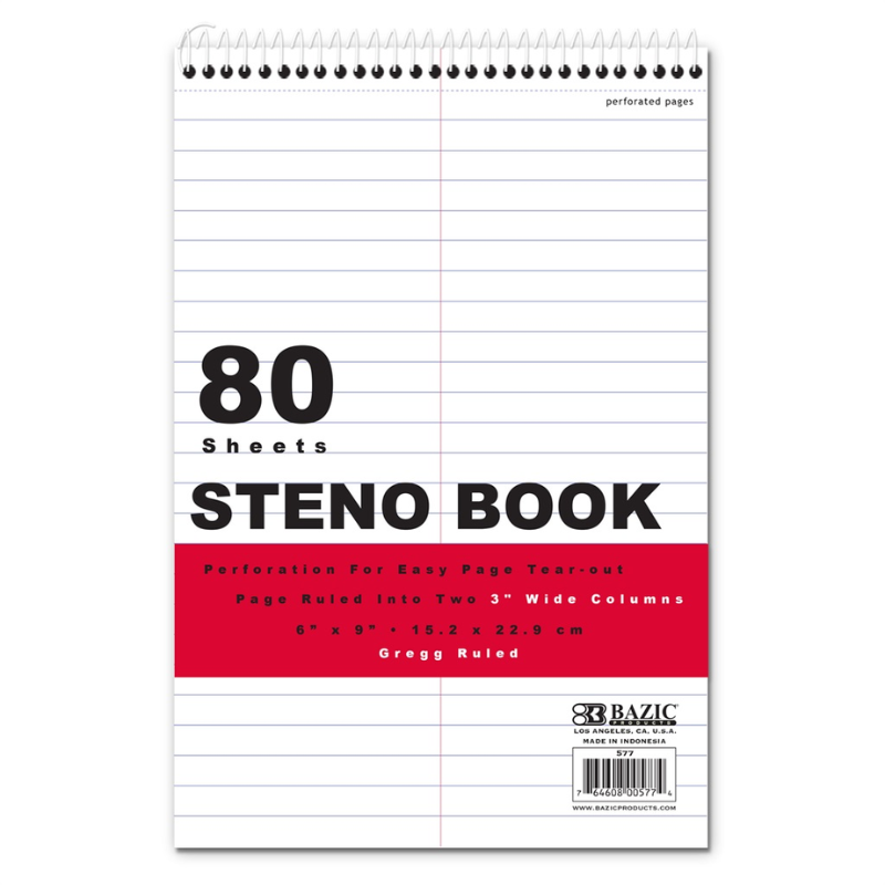 BAZIC Gregg 6" x 9" Ruled Steno Pad Book with White Paper (80 Sheets)