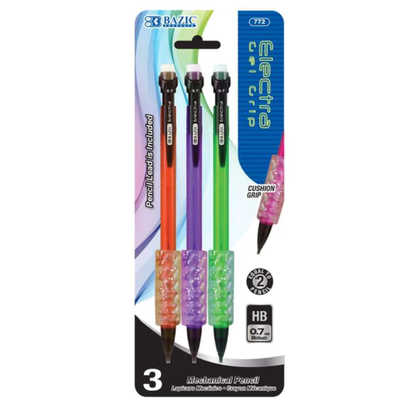 BAZIC 0.7mm Electra Fashion Colour Mechanical Pencil with Gel Grip (3/Pack)