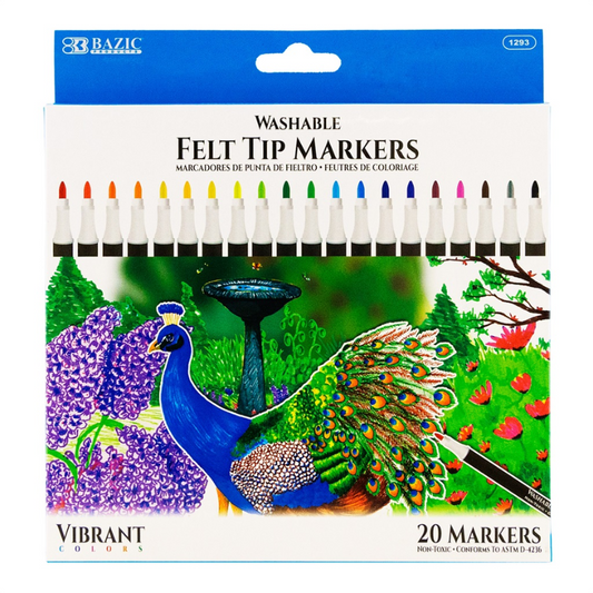 BAZIC Felt Tip Washable Markers (20/Pack)